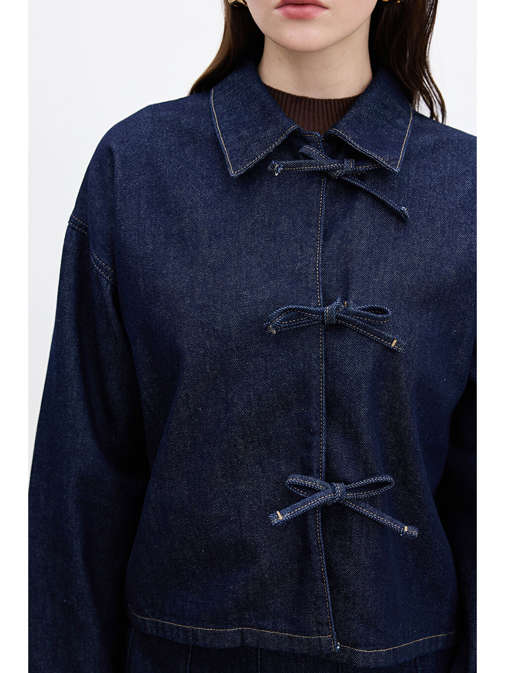 Bağcıklı Denim Bluz Derin Mavi-5