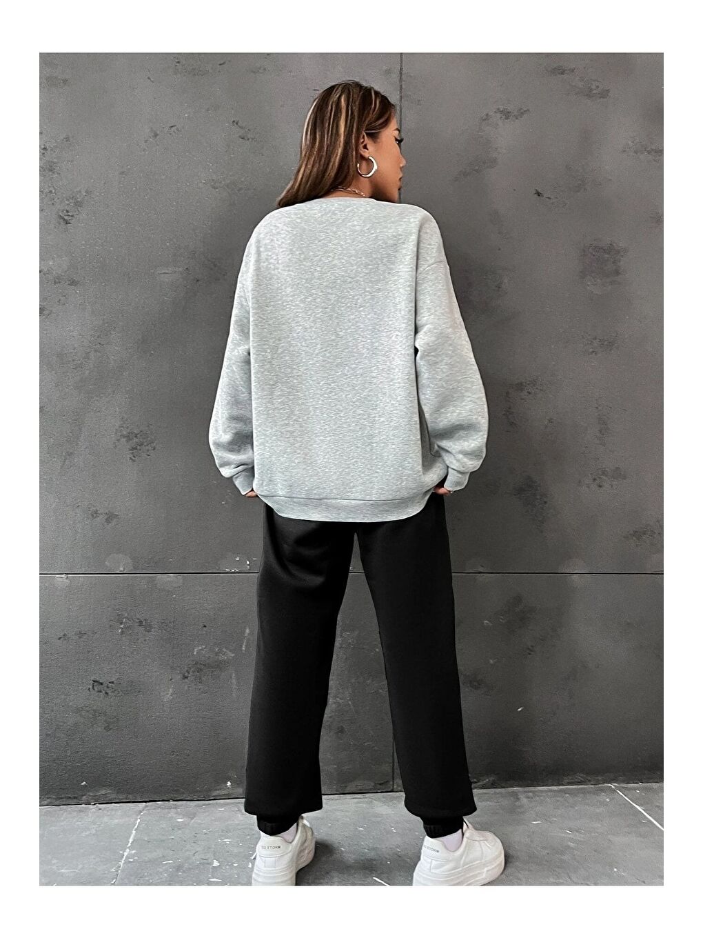 Kadın 3 Iplik Gri Siyah California 1991 Baskılı Oversize Alt Üst Eşofman Takımı-1