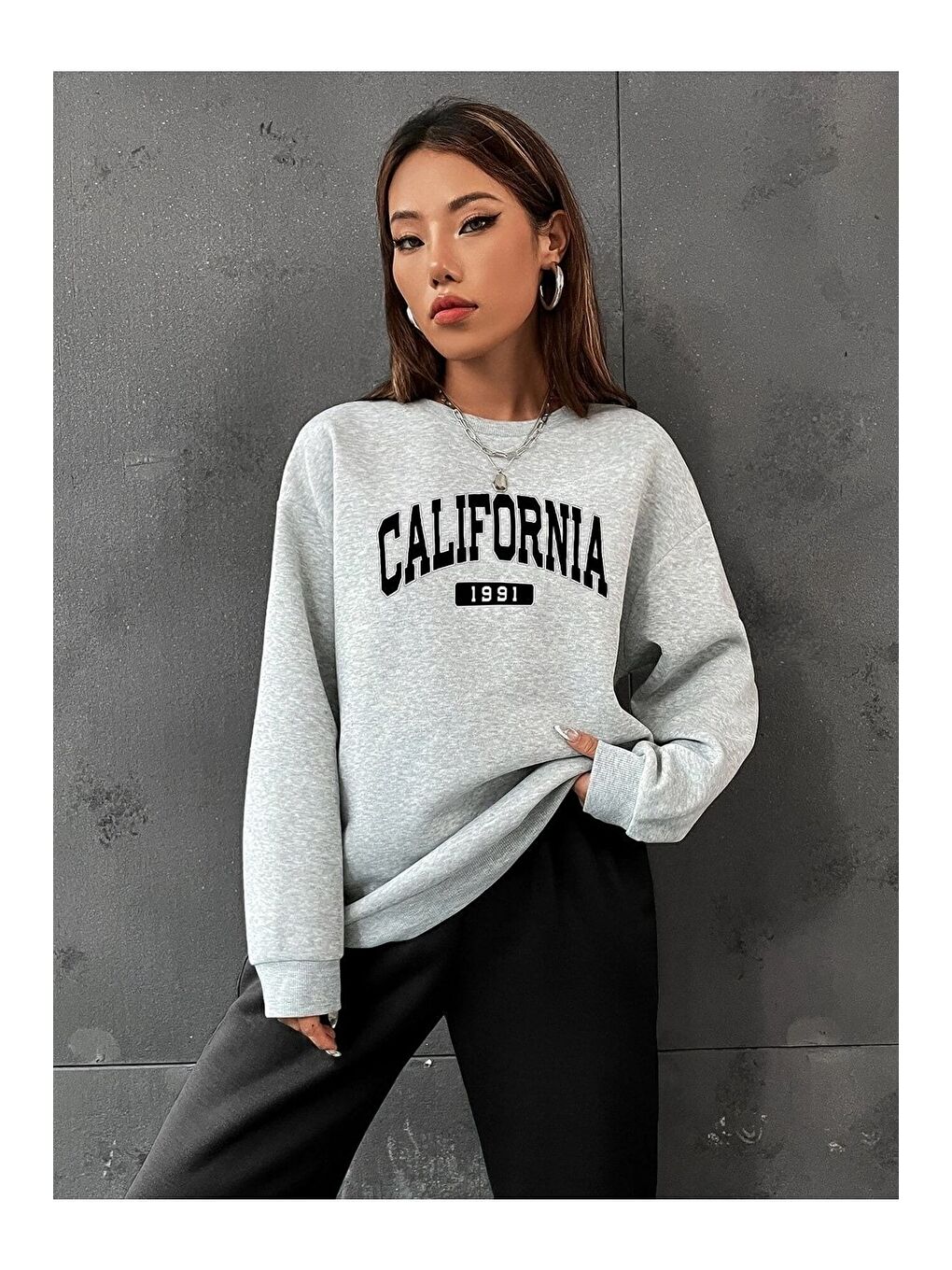 Kadın 3 Iplik Gri Siyah California 1991 Baskılı Oversize Alt Üst Eşofman Takımı-2