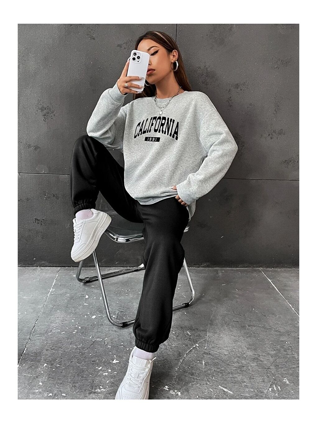 Kadın 3 Iplik Gri Siyah California 1991 Baskılı Oversize Alt Üst Eşofman Takımı-3
