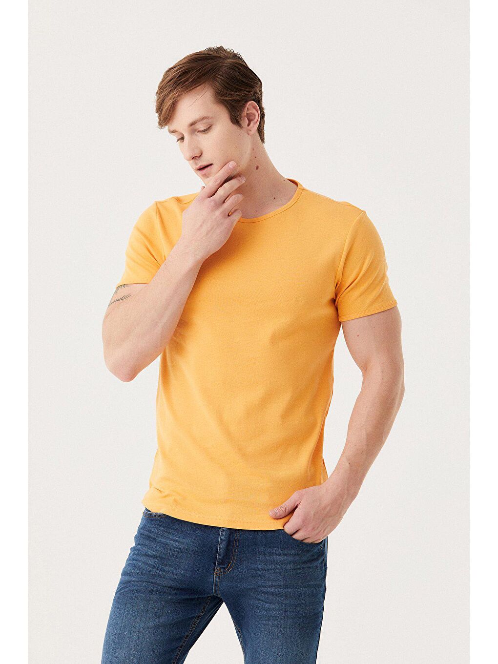 Sarı Bisiklet Yaka Basic Tişört-1