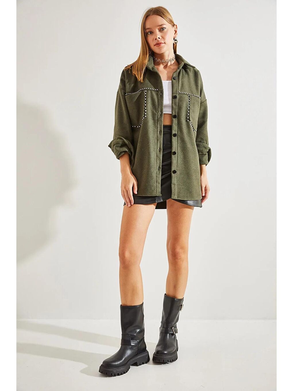 Haki Kadın Taş İşlemeli Çift Cepli Kaşe Ceket-1