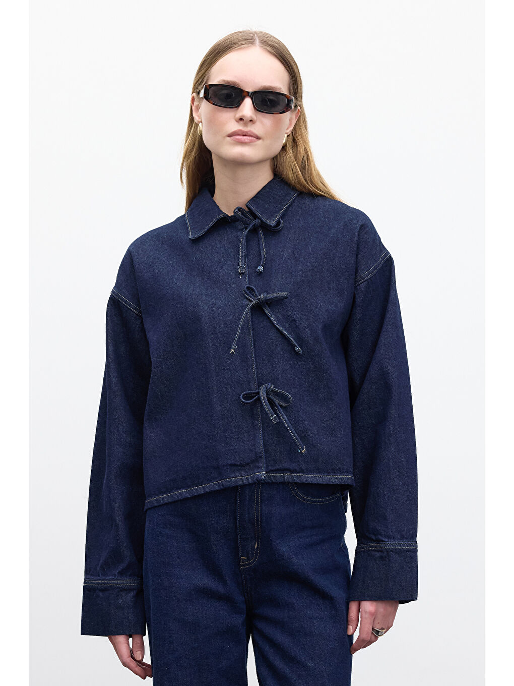 Bağcıklı Denim Bluz Derin Mavi-6