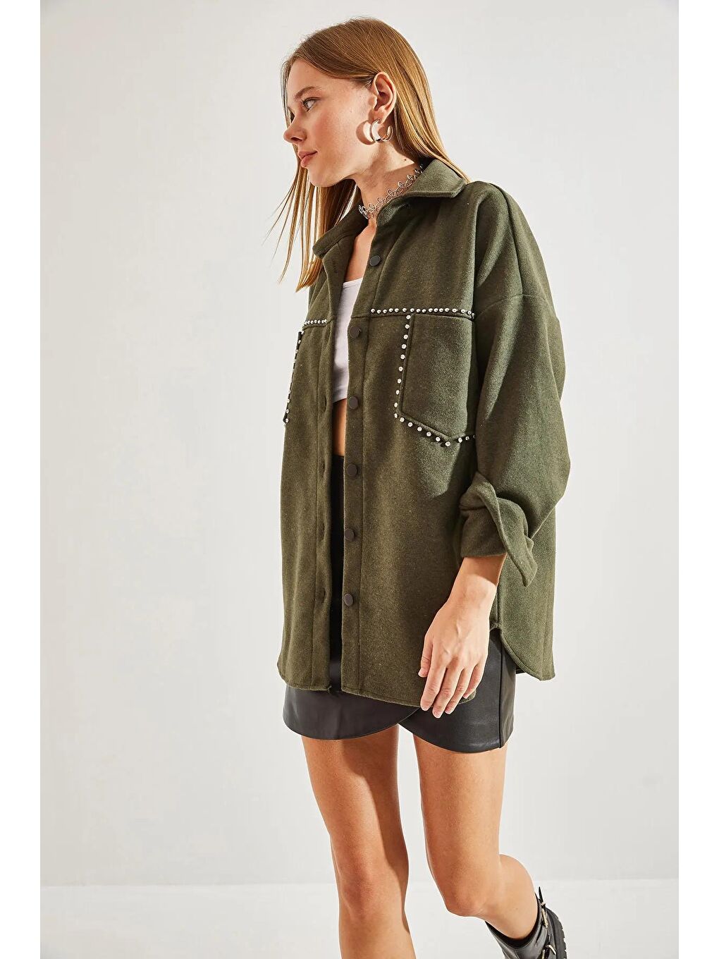 Haki Kadın Taş İşlemeli Çift Cepli Kaşe Ceket-2