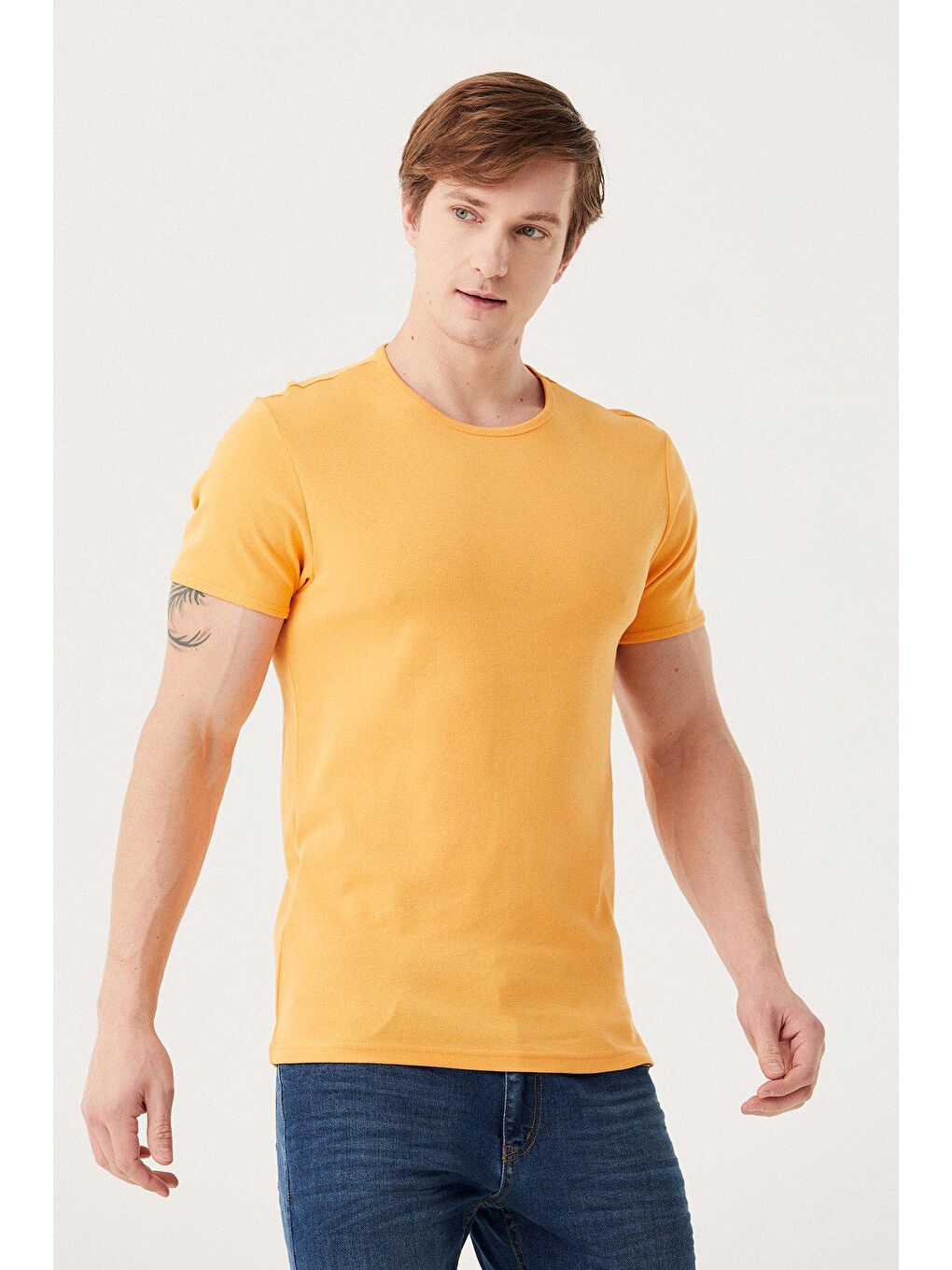 Sarı Bisiklet Yaka Basic Tişört-2