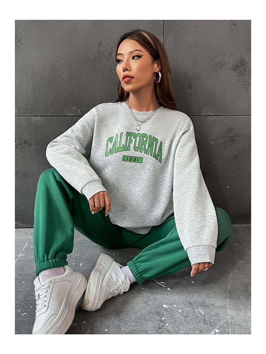 Kadın 3 Iplik Gri Yeşil California 1991 Baskılı Oversize Alt Üst Eşofman Takımı