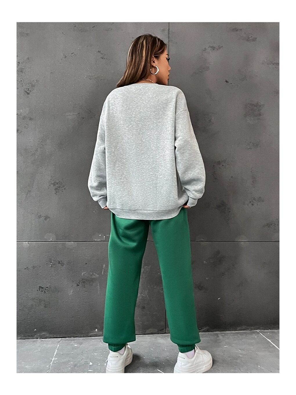 Kadın 3 Iplik Gri Yeşil California 1991 Baskılı Oversize Alt Üst Eşofman Takımı-1