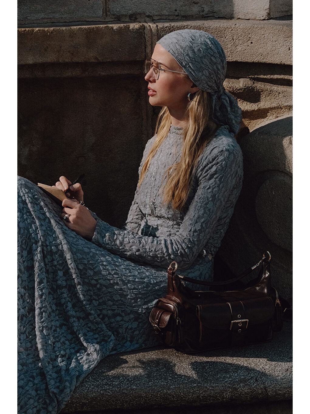 Dantelli Uzun Elbise Mavi-2