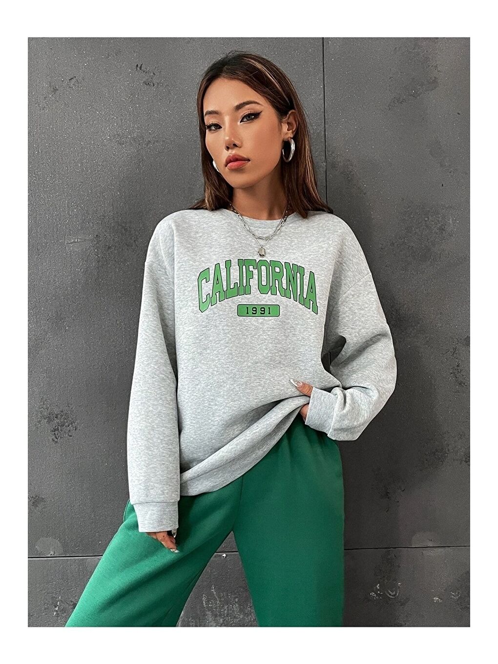 Kadın 3 Iplik Gri Yeşil California 1991 Baskılı Oversize Alt Üst Eşofman Takımı-2