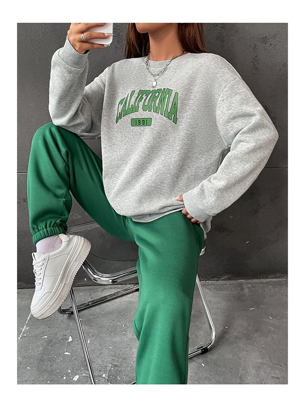 Kadın 3 Iplik Gri Yeşil California 1991 Baskılı Oversize Alt Üst Eşofman Takımı-3