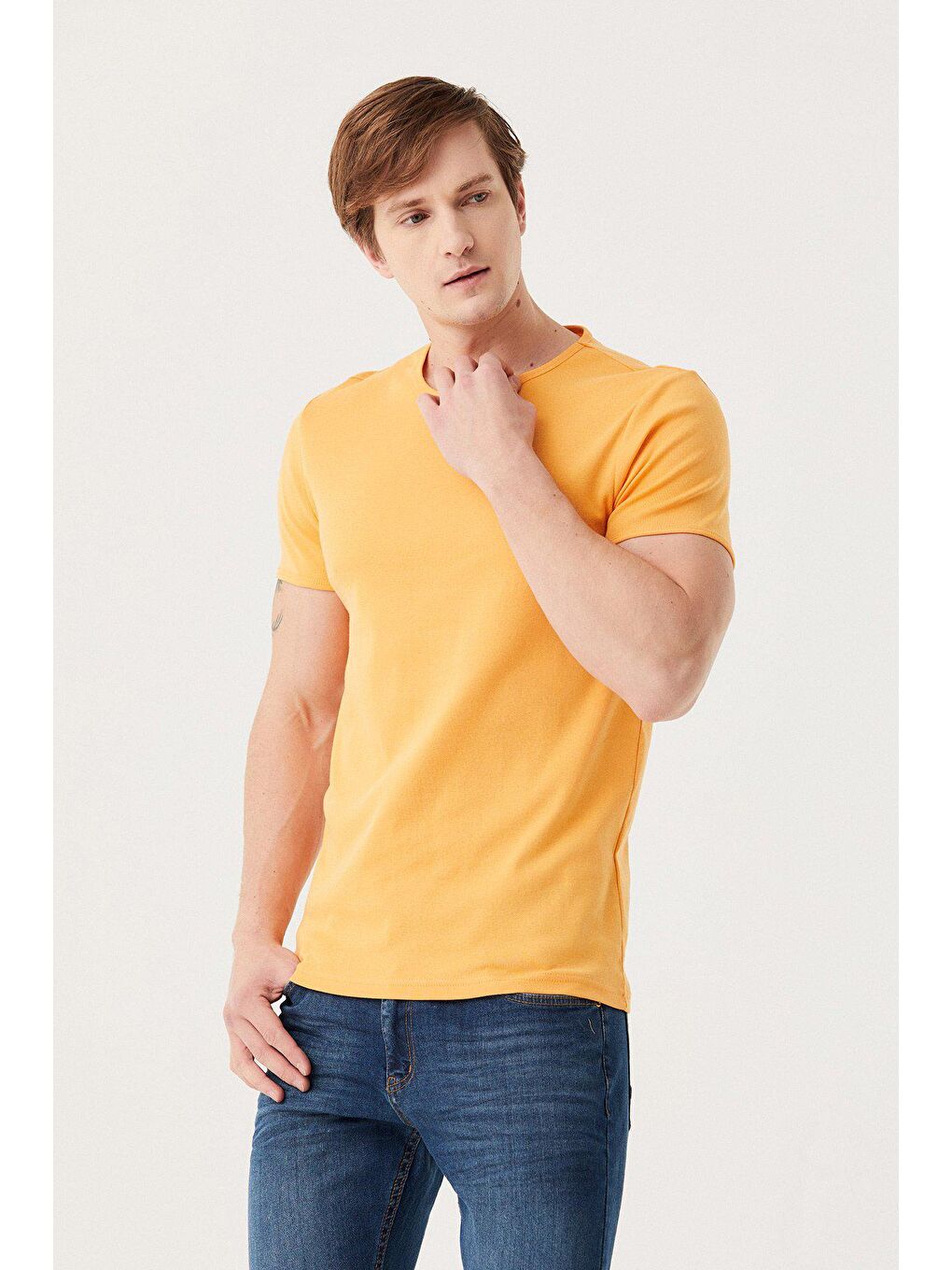 Sarı Bisiklet Yaka Basic Tişört-3