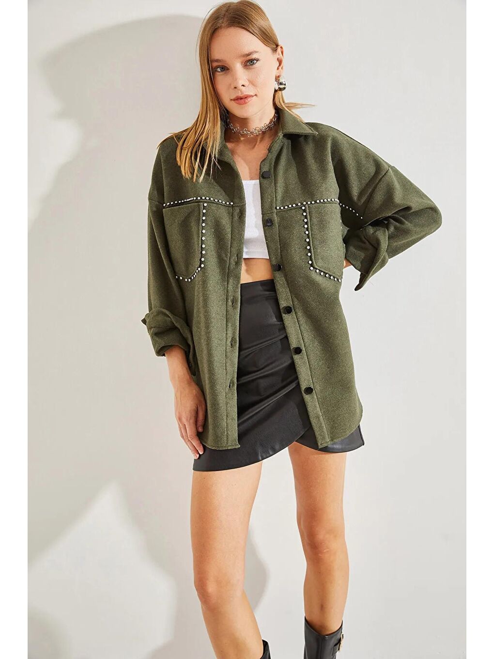 Haki Kadın Taş İşlemeli Çift Cepli Kaşe Ceket-3