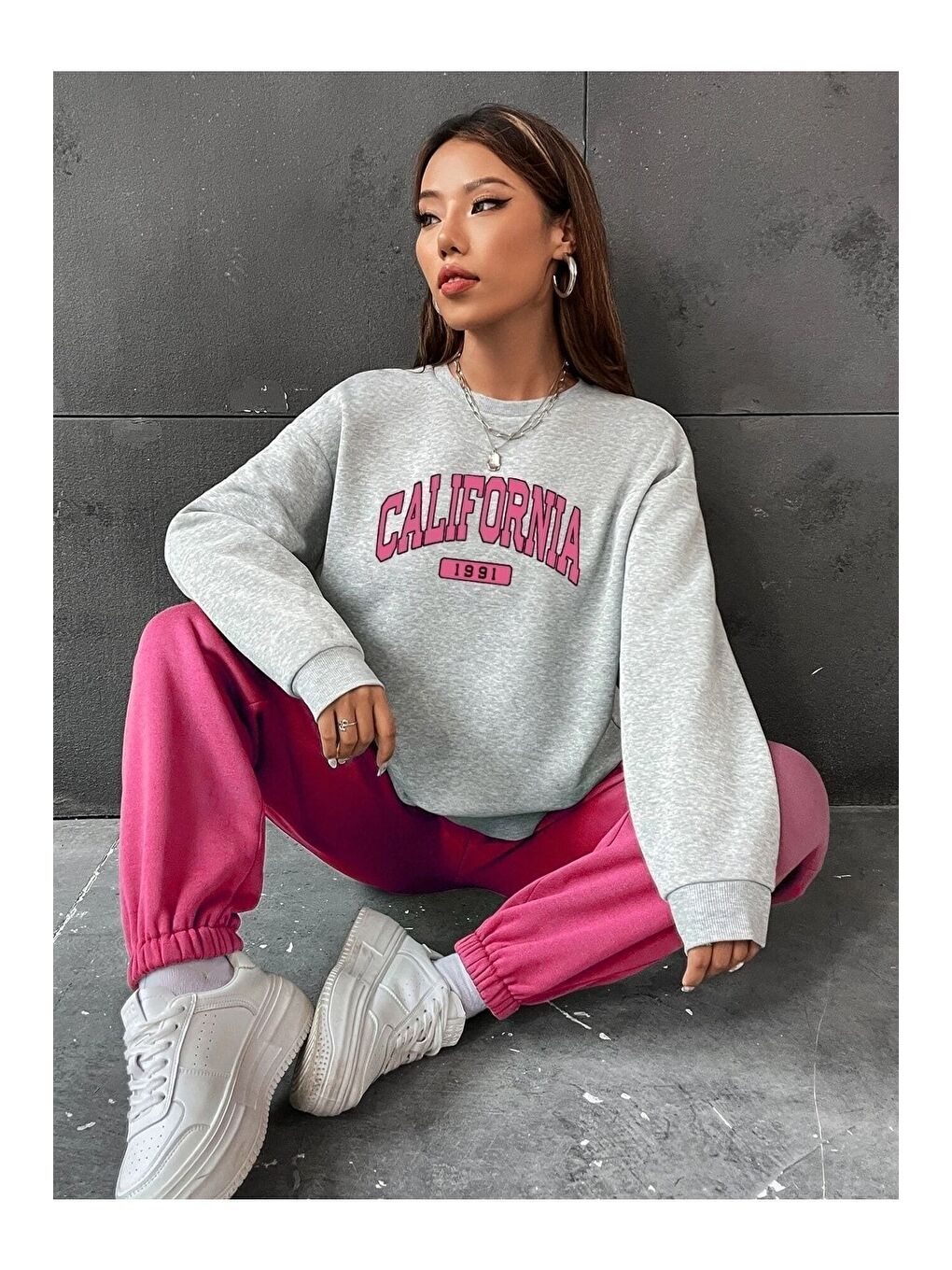 Kadın 3 Iplik Gri Pembe California 1991 Baskılı Oversize Alt Üst Eşofman Takımı