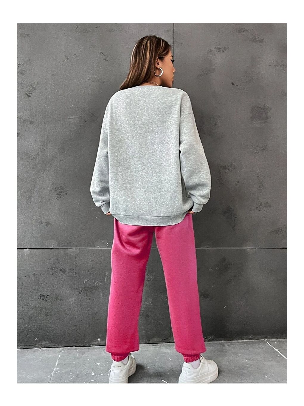 Kadın 3 Iplik Gri Pembe California 1991 Baskılı Oversize Alt Üst Eşofman Takımı-1