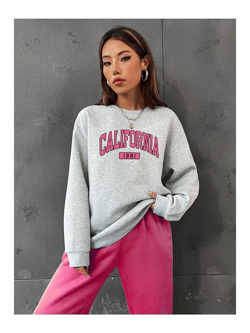 Kadın 3 Iplik Gri Pembe California 1991 Baskılı Oversize Alt Üst Eşofman Takımı-2