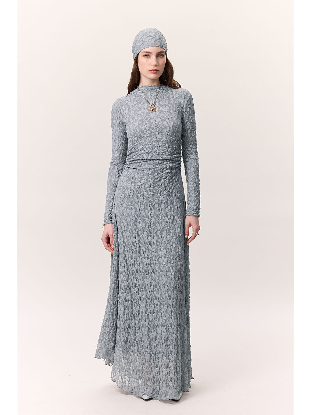 Dantelli Uzun Elbise Mavi-3