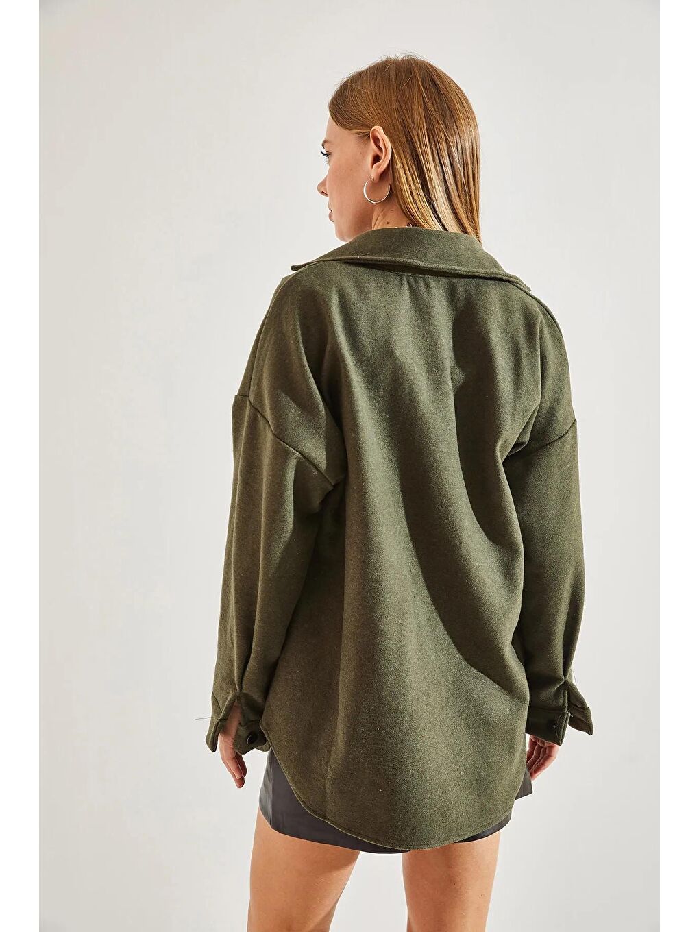 Haki Kadın Taş İşlemeli Çift Cepli Kaşe Ceket-4