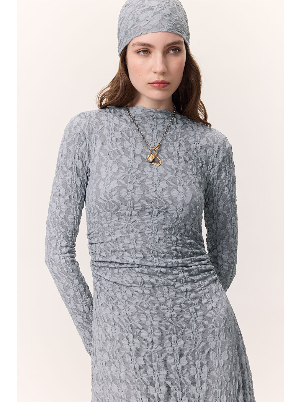 Dantelli Uzun Elbise Mavi-4