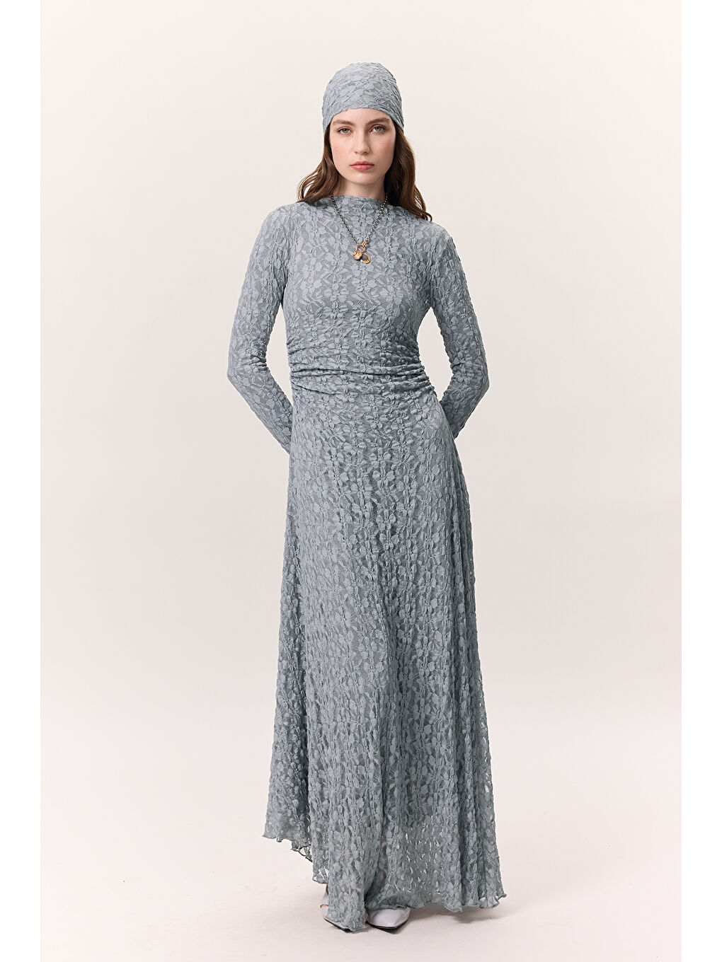 Dantelli Uzun Elbise Mavi-5