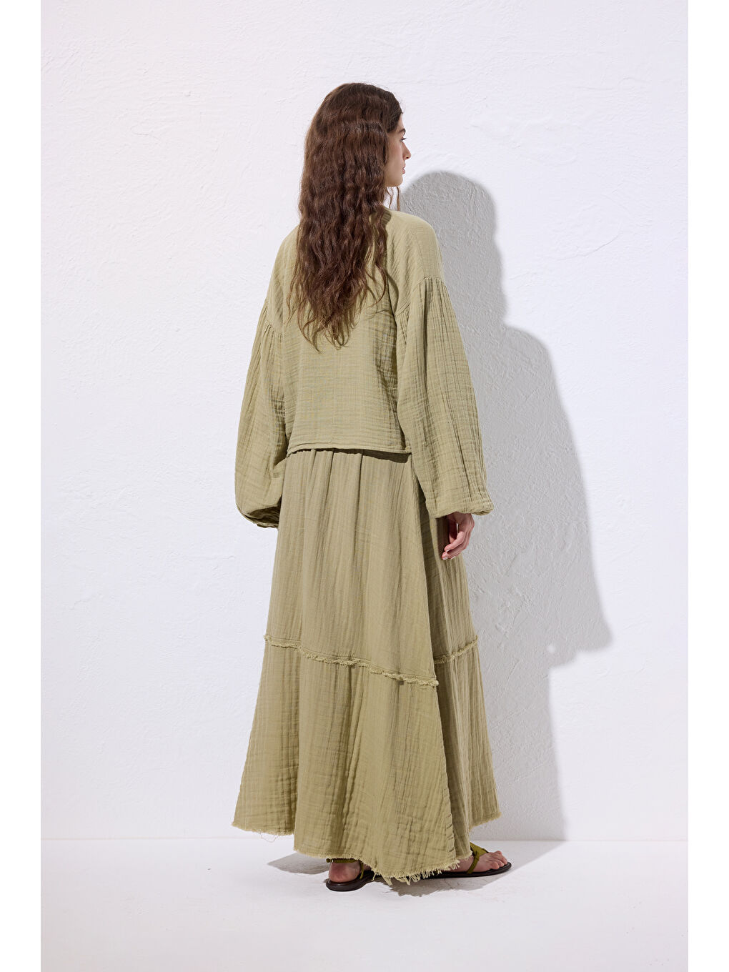 Yeşil Müslin Balon Kol Kısa Bluz Adaçayı-5