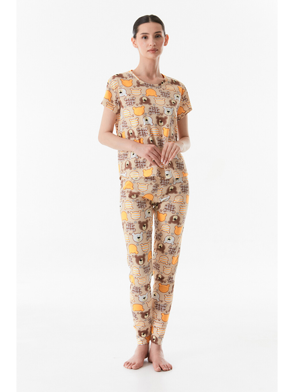 Sarı Ayıcık Baskılı Bisiklet Yaka Pijama Takımı