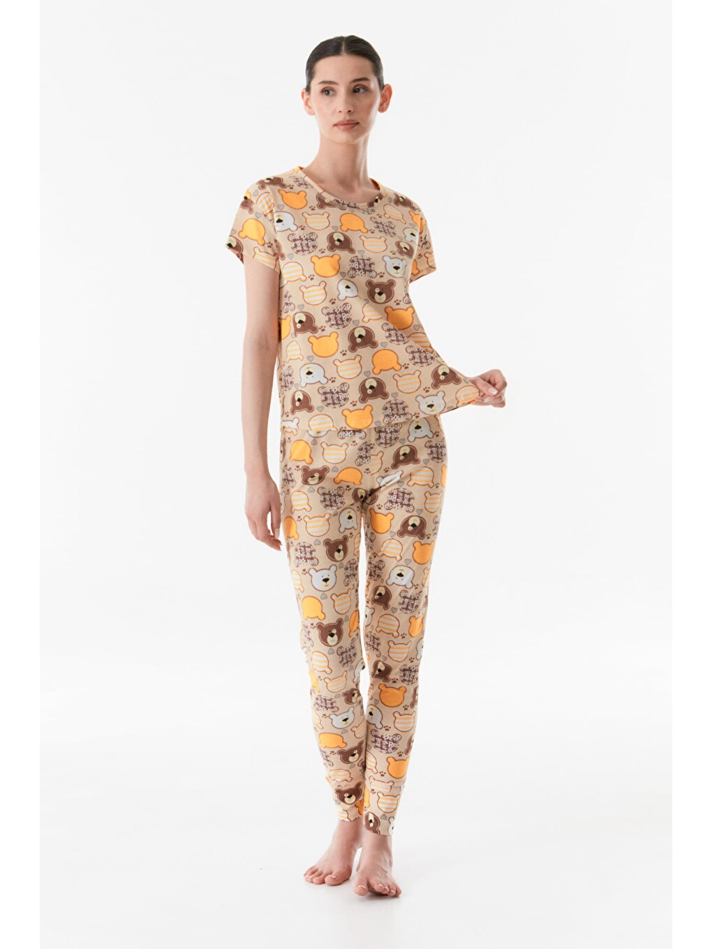 Sarı Ayıcık Baskılı Bisiklet Yaka Pijama Takımı-1