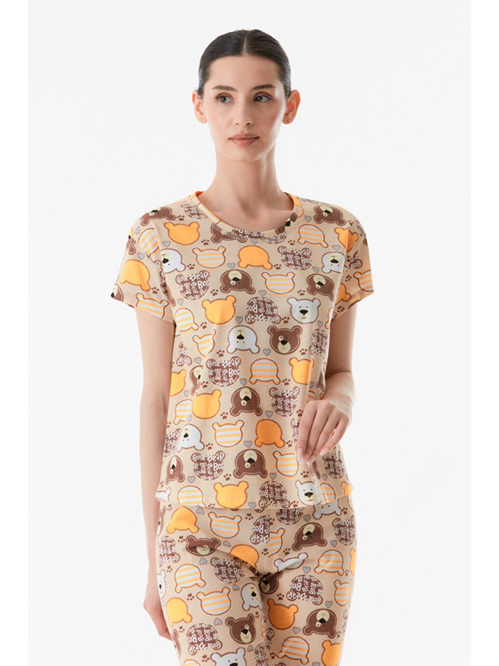 Sarı Ayıcık Baskılı Bisiklet Yaka Pijama Takımı-2
