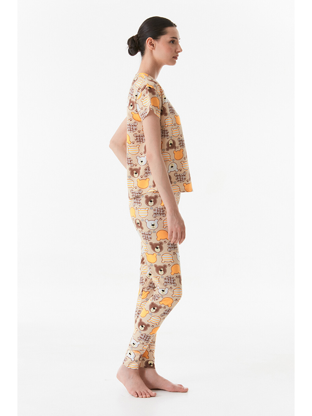 Sarı Ayıcık Baskılı Bisiklet Yaka Pijama Takımı-3