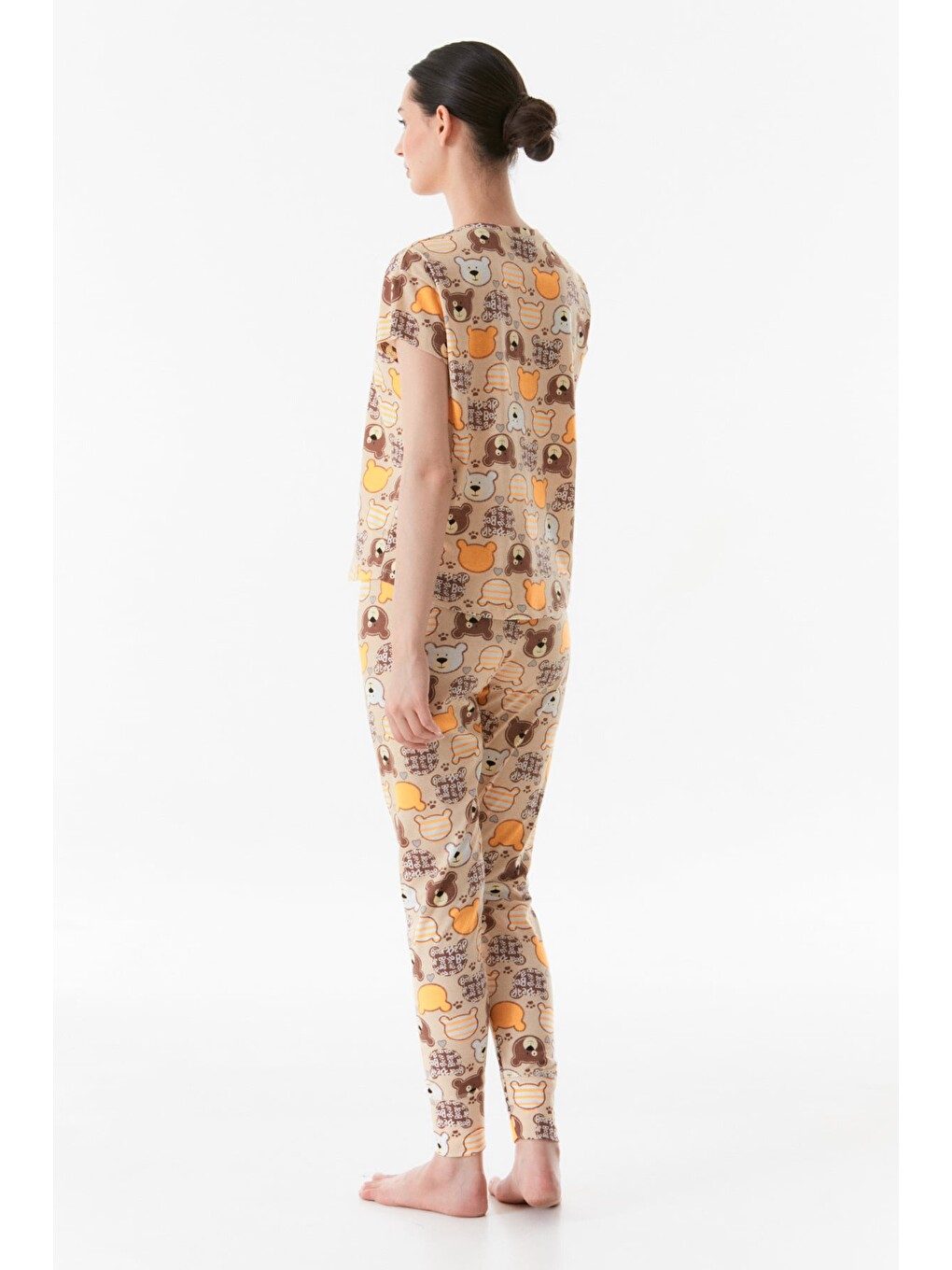 Sarı Ayıcık Baskılı Bisiklet Yaka Pijama Takımı-4
