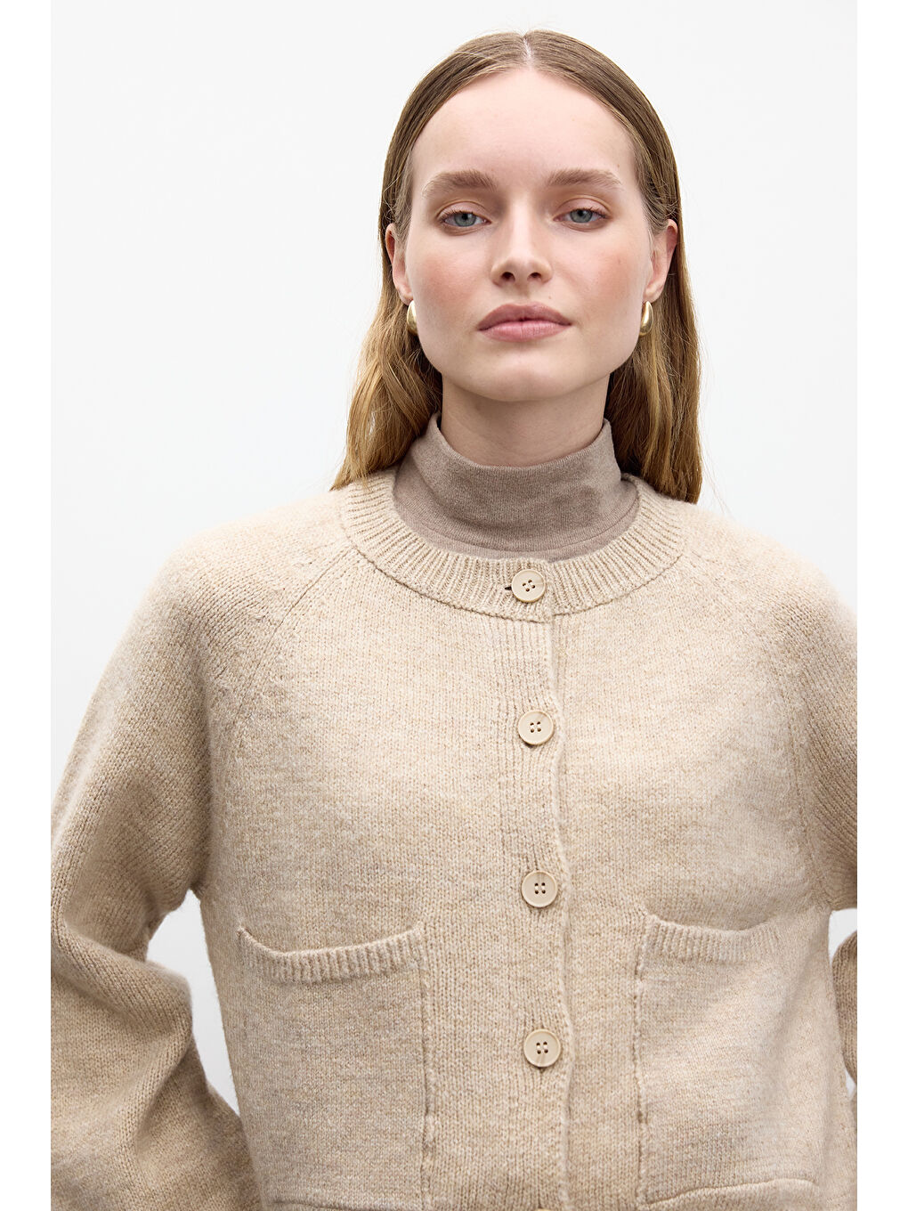 Düz Örgü Düğmeli Triko Hırka Bej-1