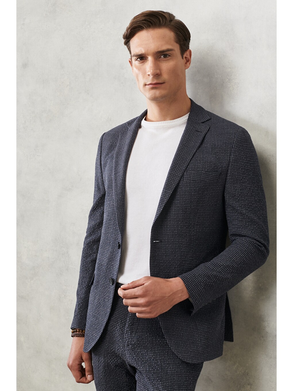 Erkek Antrasit-Lacivert Slim Fit Dar Kesim Mono Yaka Kareli Klasik Takım Elbise