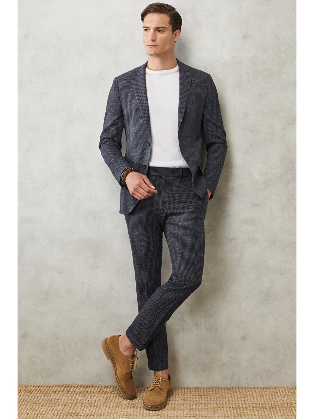Erkek Antrasit-Lacivert Slim Fit Dar Kesim Mono Yaka Kareli Klasik Takım Elbise-1