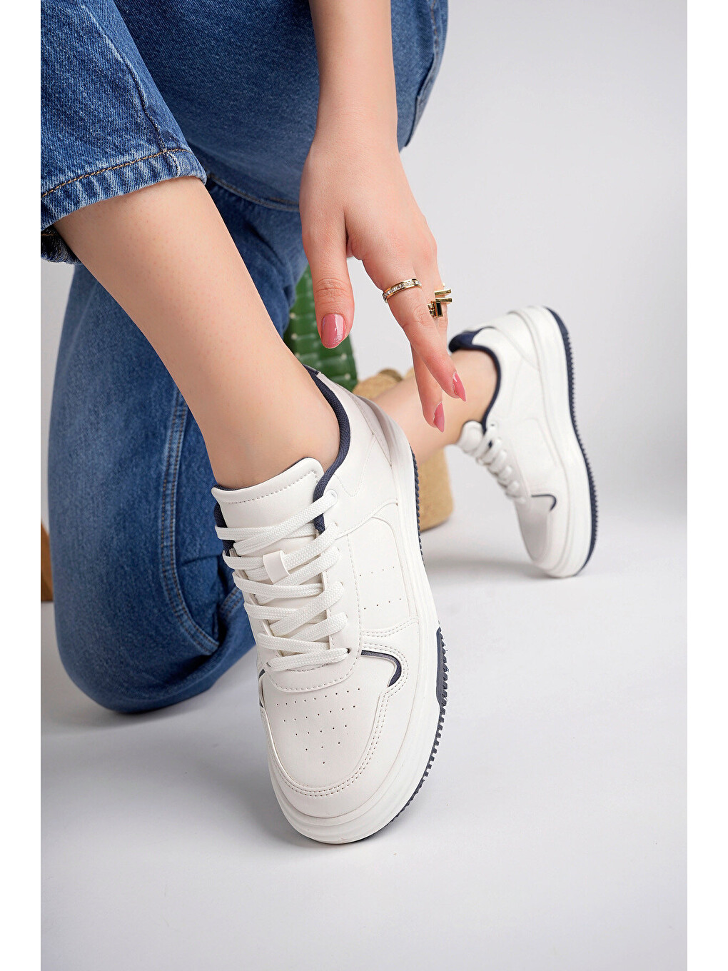 Beyaz Lacivert Kadın Sneaker Günlük Ayakkabı-1