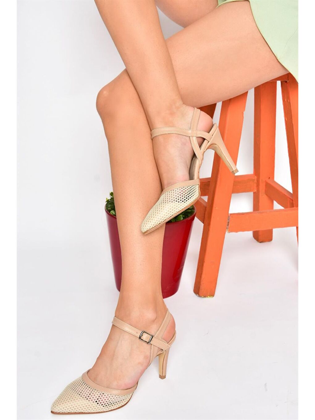 Bej P372441315 Ten Kumaş Detaylı Topuklu Kadın Ayakkabı