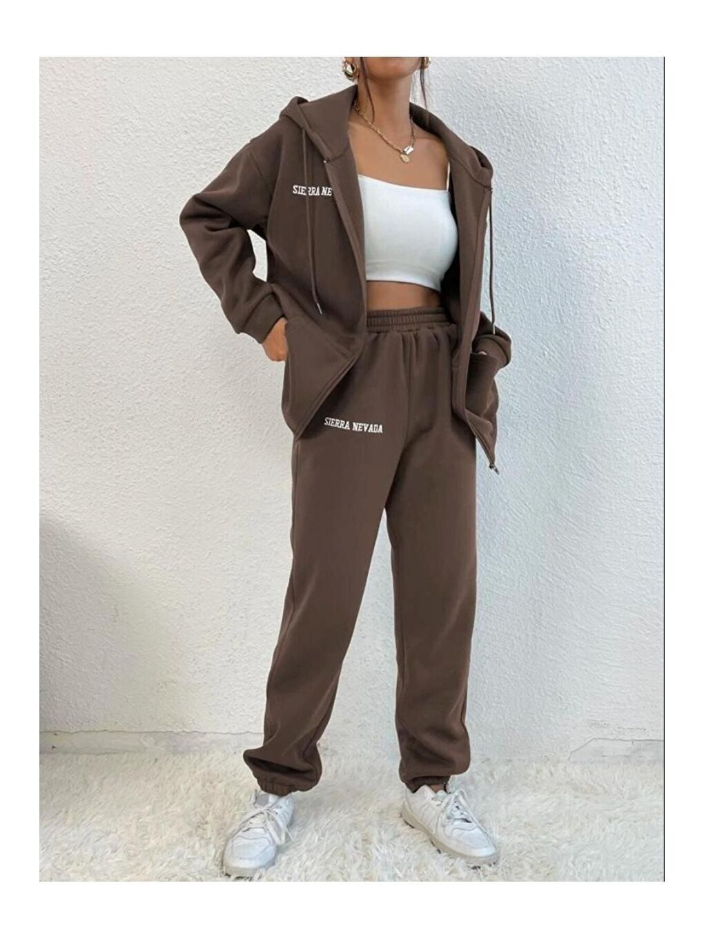 Kadın Kahverengi Sıerra Nevada Baskılı Hırka Jogger Oversize Eşofman Takımı