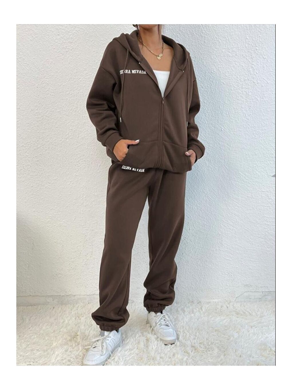 Kadın Kahverengi Sıerra Nevada Baskılı Hırka Jogger Oversize Eşofman Takımı-1