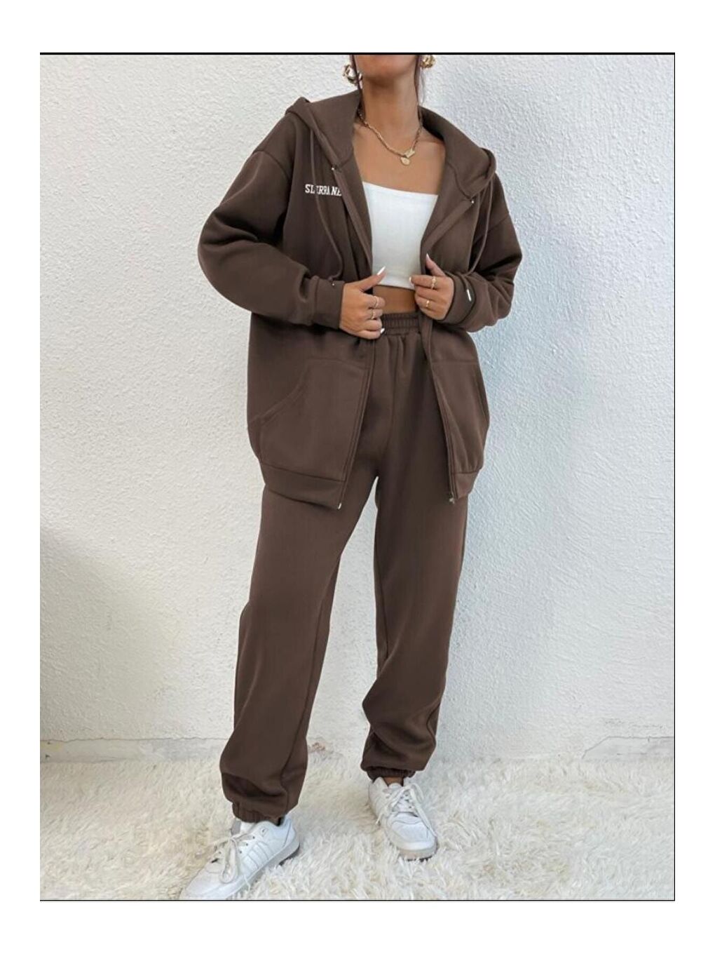 Kadın Kahverengi Sıerra Nevada Baskılı Hırka Jogger Oversize Eşofman Takımı-2
