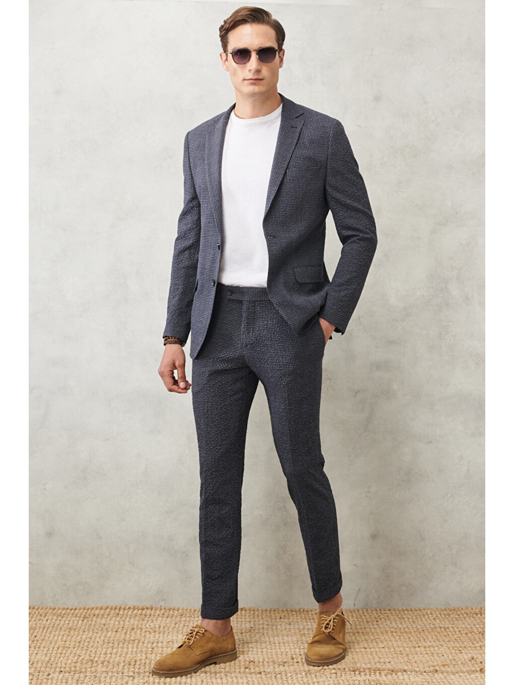 Erkek Antrasit-Lacivert Slim Fit Dar Kesim Mono Yaka Kareli Klasik Takım Elbise-5