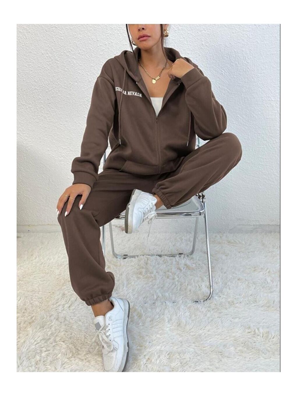 Kadın Kahverengi Sıerra Nevada Baskılı Hırka Jogger Oversize Eşofman Takımı-4