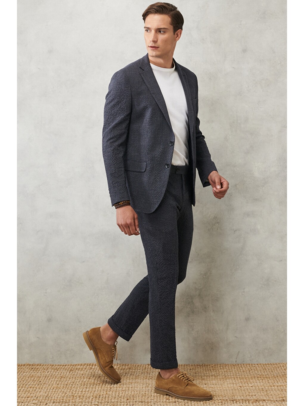 Erkek Antrasit-Lacivert Slim Fit Dar Kesim Mono Yaka Kareli Klasik Takım Elbise-6