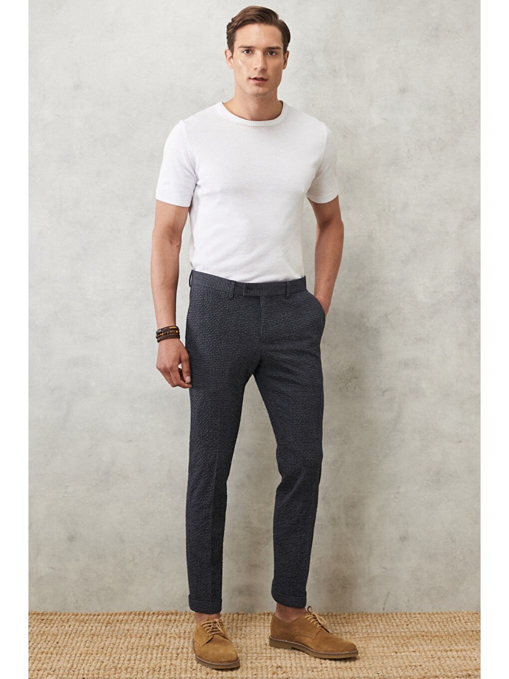 Erkek Antrasit-Lacivert Slim Fit Dar Kesim Mono Yaka Kareli Klasik Takım Elbise-7