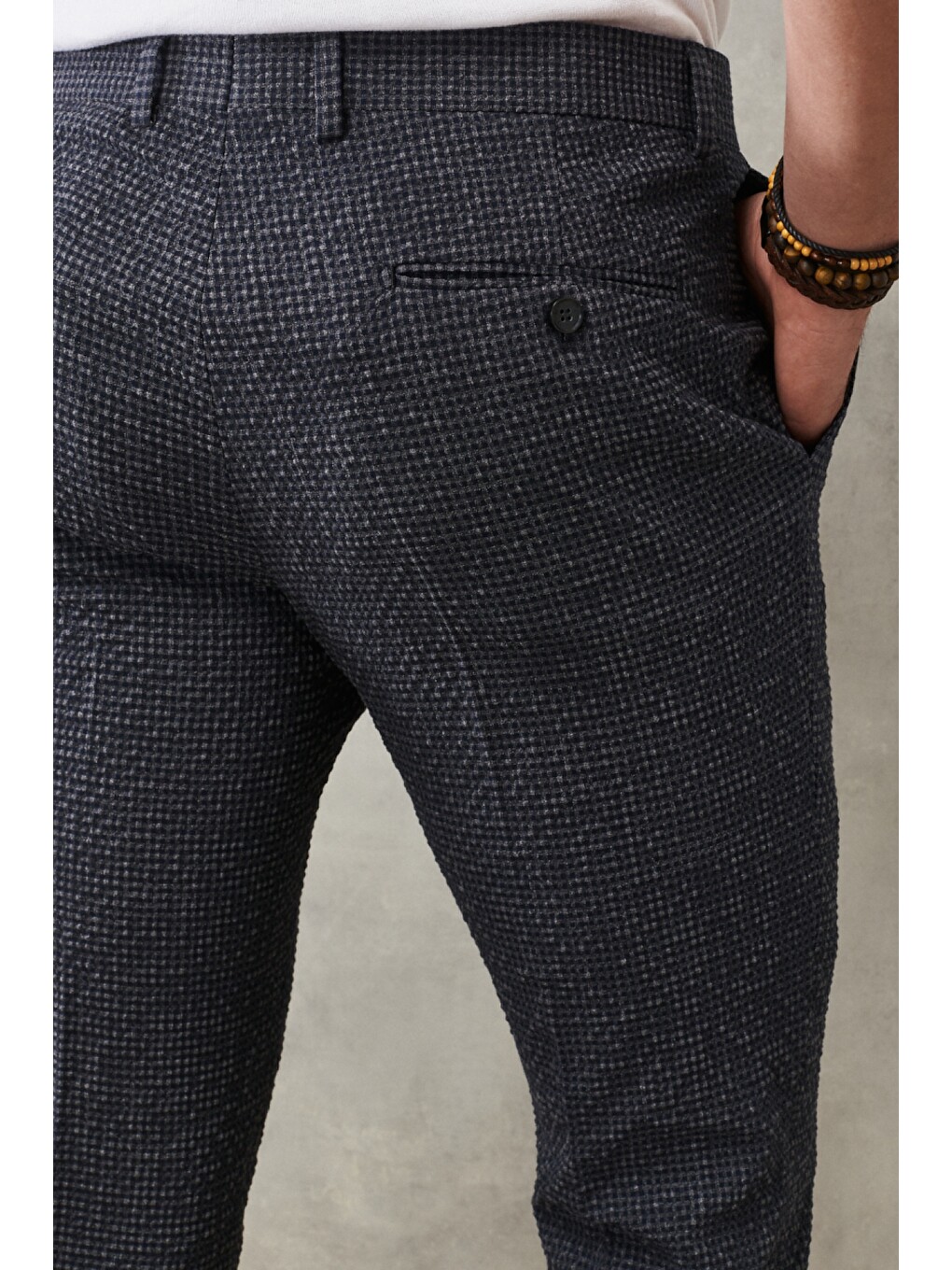 Erkek Antrasit-Lacivert Slim Fit Dar Kesim Mono Yaka Kareli Klasik Takım Elbise-8