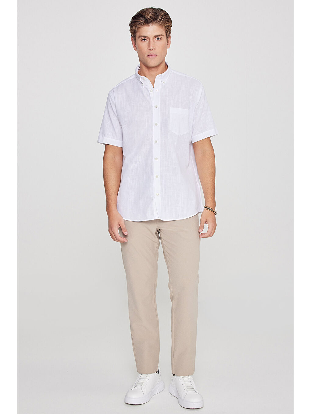 Erkek Beyaz Comfort Fit Rahat Kesim Gizli Düğmeli Yaka Keten Görünümlü %100 Pamuk Flamlı Gömlek-1