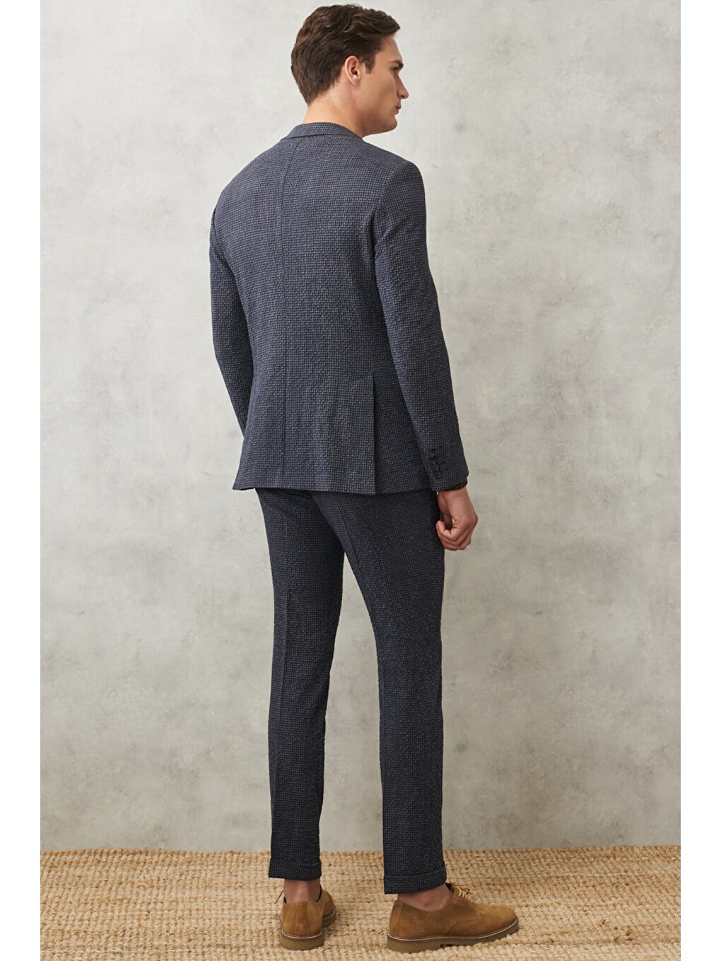 Erkek Antrasit-Lacivert Slim Fit Dar Kesim Mono Yaka Kareli Klasik Takım Elbise-9