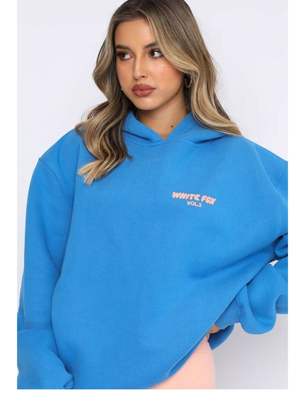 Kadın Mavi White Fox Baskılı Oversize Kapüşonlu Sweatshirt Hoodie-1