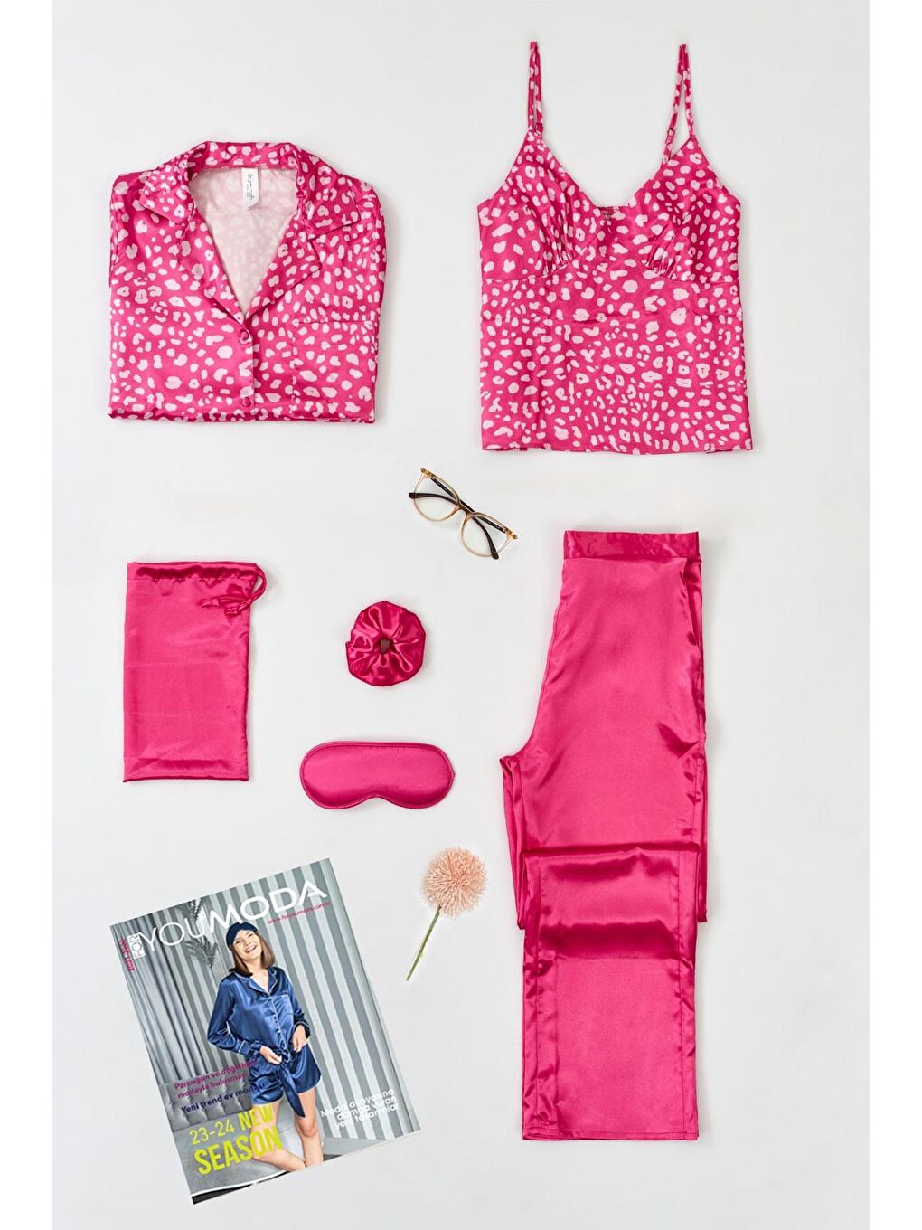 6'lı Leopar Baskılı Fuşya Pijama Takımı