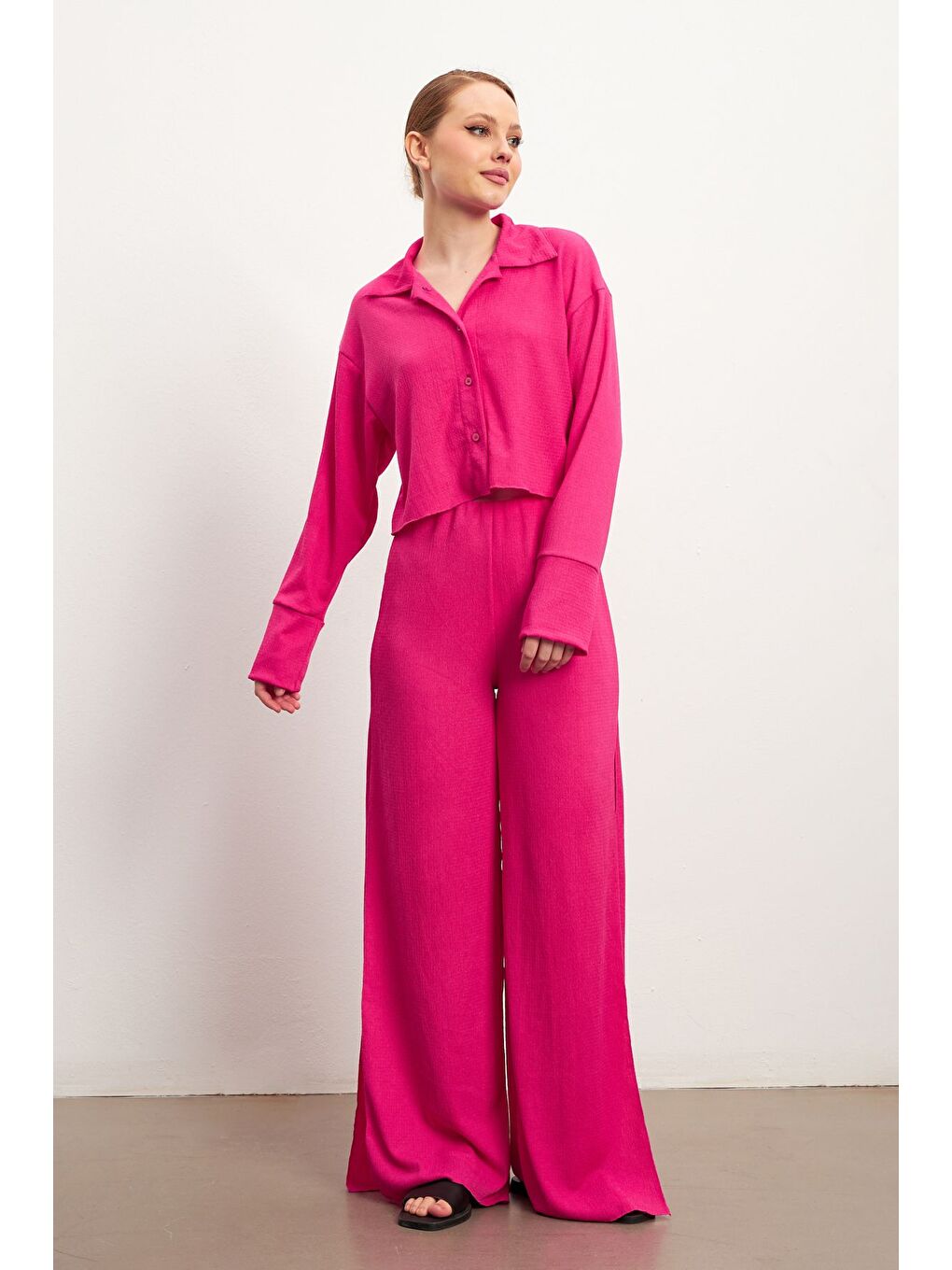 Pembe Kadın Fuşya Uzun Kollu Gömlek Yırtmaçlı Pantolon Krinkıl Takım-1
