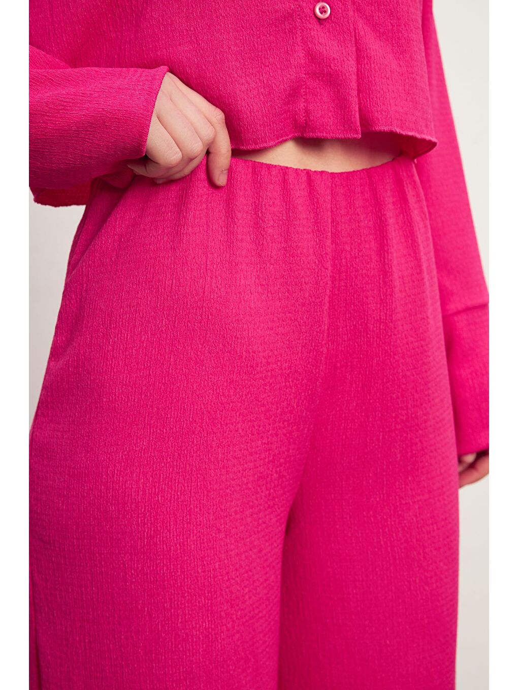 Pembe Kadın Fuşya Uzun Kollu Gömlek Yırtmaçlı Pantolon Krinkıl Takım-4