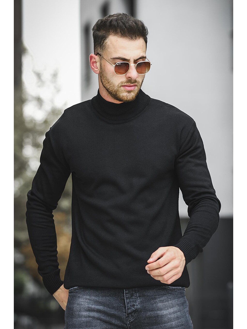 Siyah Pamuk Slim Fit Erkek Yarım Balıkçı Kazak-1