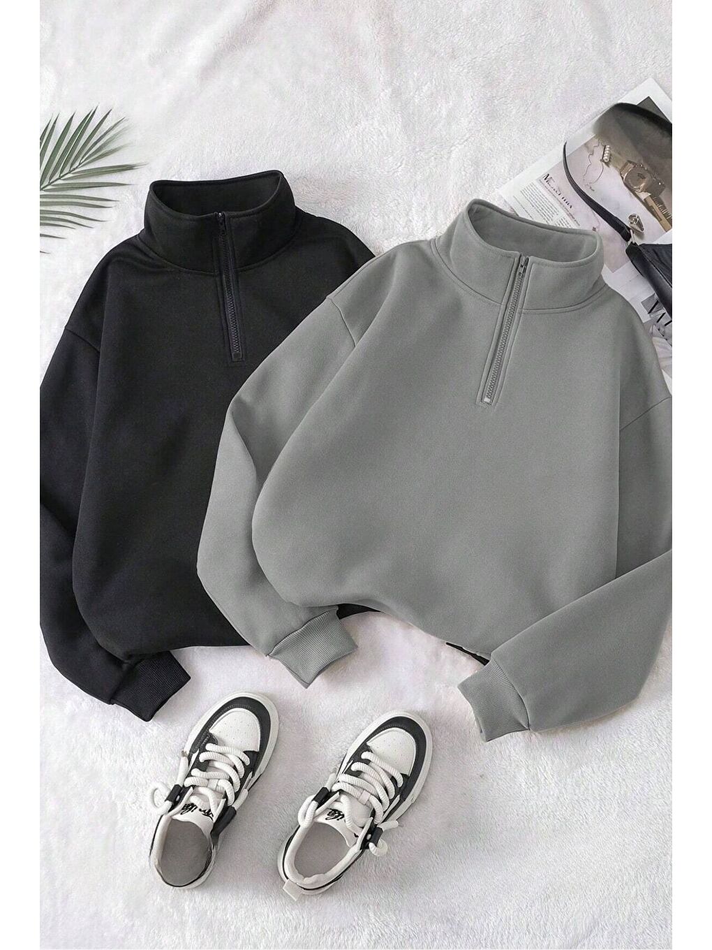 Gri Kadın Füme Siyah Oversize Yarım Fermuarlı 2Li Sweatshirt Set